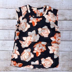 Cabi | Floral Layered Top | Navy and Orange | S